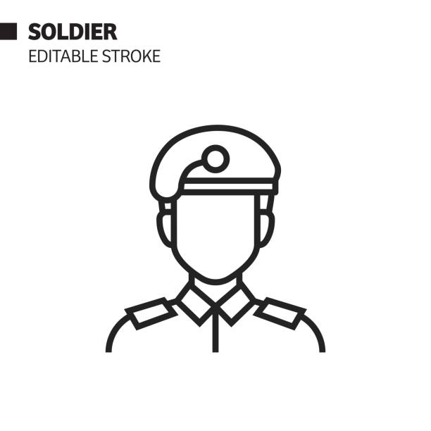 ilustrações, clipart, desenhos animados e ícones de ícone da linha do soldado, ilustração do símbolo do vetor do esboço. pixel perfeito, curso editável. - soldado