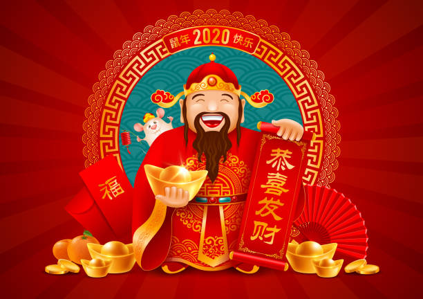 illustrations, cliparts, dessins animés et icônes de dieu chinois de la richesse avec le lingot d'or et le défilement et le rat - rat race