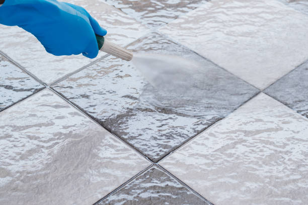 Cleaning the tile floor. stock photo