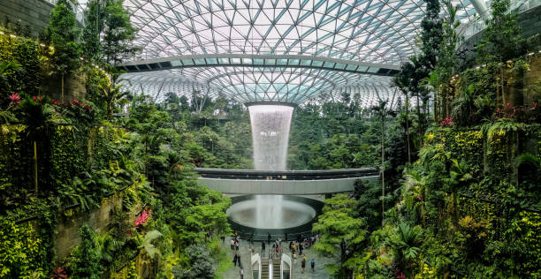 дождь vortex, 40-метровый крытый водопад, расположенный внутри jewel changi аэропорта, сингапур - changi стоковые фото и изображения