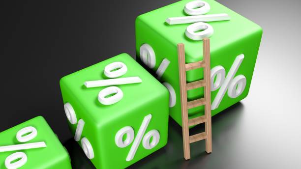 Three green growing cubes, with percent sign, on a black glossy surface, with ladder - 3D rendering illustration stock photo