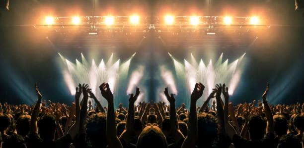 Concert stage, people are visible waving and clapping, silhouettes are visible A shot taken in front of a concert stage lit in the night, people are visible waving and clapping, but no one is recognizable. concert hall stock pictures, royalty-free photos & images