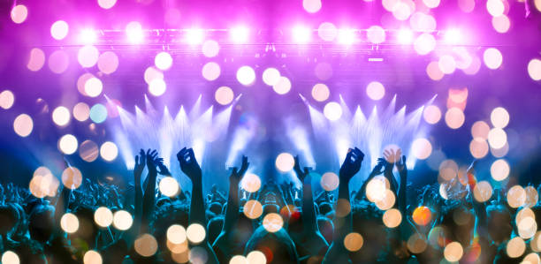 concert stage, people are visible waving and clapping, silhouettes are visible - concert hall crowd dancing nightclub imagens e fotografias de stock