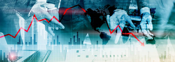 istock Chart with red down arrow on abstract background. Falling growth in business 1194061114