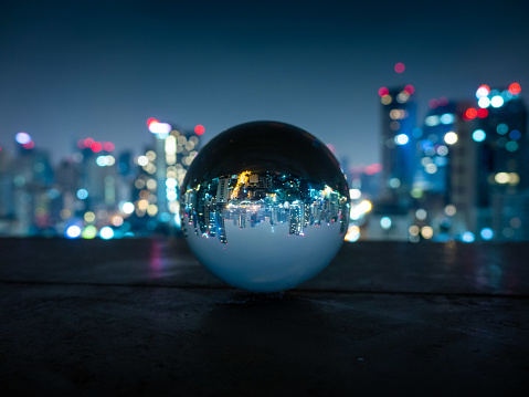 skyline of Bangkok through a glass ball