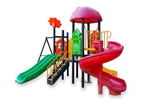 Bright colorful childrens playground, white isolated