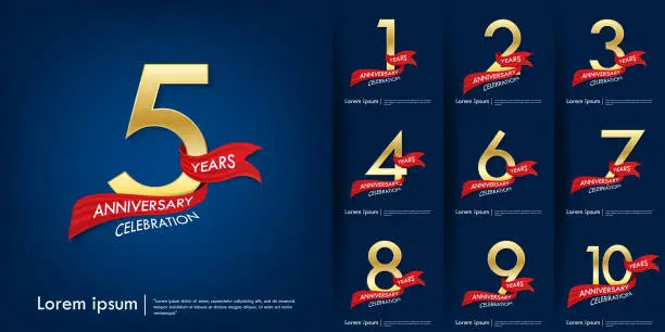 Vector illustration of set of 1st-10th anniversary celebration emblem. anniversary elegance golden logo with red ribbon on blue background, template design for web, poster, booklet, leaflet, flyer, greeting and invitation card