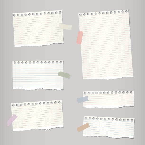 kawałki jasnobrązowej podartej nuty, arkusze papieru notebooka z kolorowym klejem, lepka taśma przyklejona na szarym tle - papier w linie stock illustrations