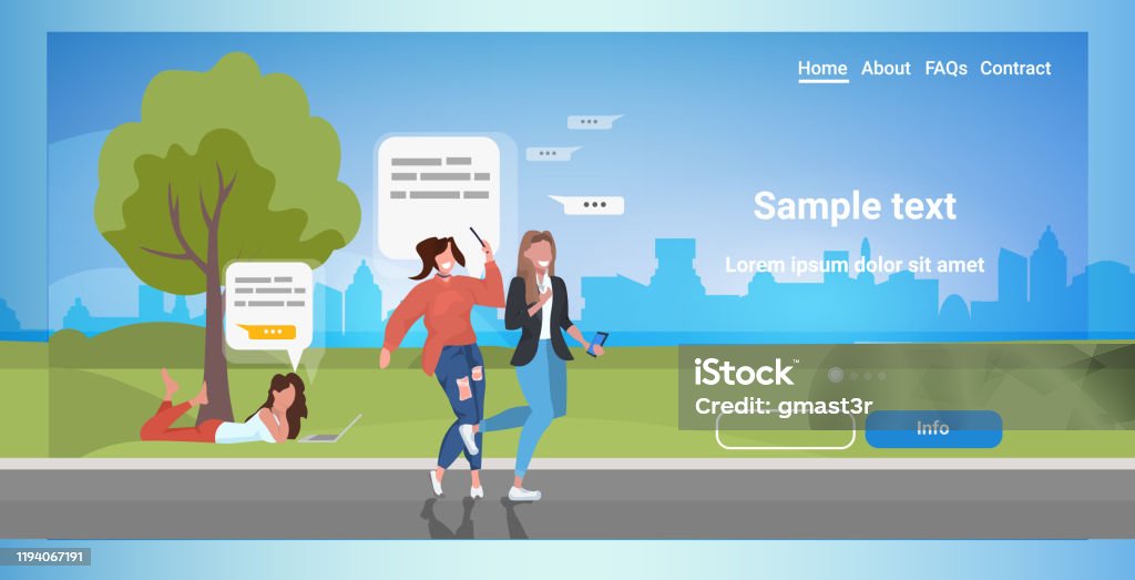 persoanele care folosesc aplicații de chat pe dispozitive digitale de rețea socială discurs chat cu bule de comunicare concept femei relaxare în parc orizontal spațiu de copiere pe toată lungimea completă - vector de stoc Grup de oameni fără redevențe persoanele care folosesc aplicații de chat pe dispozitive digitale de rețea socială discurs chat cu bule de comunicare concept femei relaxare în parc orizontal spațiu de copiere pe toată lungimea completă - vector de stoc Grup de oameni fără redevențe