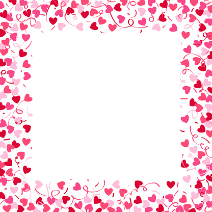 Square frame made from confetti hearts and serpentine. Cute heart border with space for text. Valentine's day background.