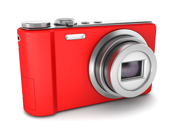 punto rosso e scattare foto fotocamera isolato su sfondo bianco - fotocamera compatta foto e immagini stock