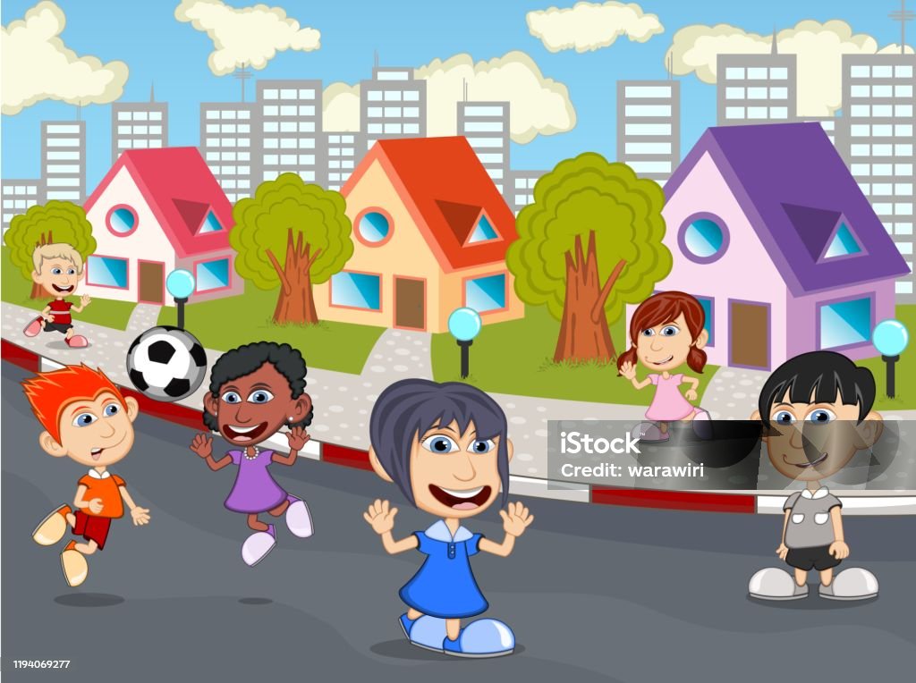 Ilustración de Niños Jugando En La Ilustración Vectorial De Dibujos  Animados De La Calle y más Vectores Libres de Derechos de Actividades  recreativas - iStock
