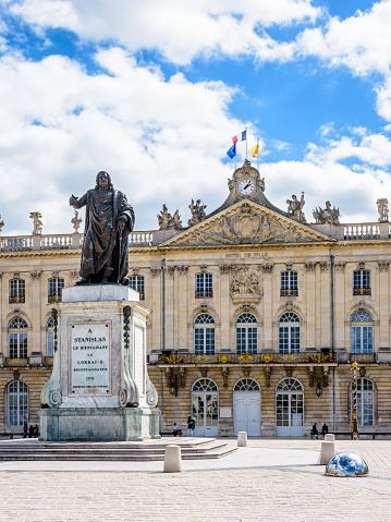 Nancy, France - September 12, 2019: The statue on the place Stanislas, in front of the city hall, represents Stanislas Leszczynski, King of Poland and Duke of Lorraine, creator of the square.