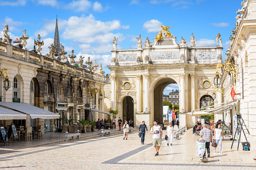 Nancy, France - September 12, 2019: The arc Héré is a triumphal arch by french architect Emmanuel Héré, which stands in the center of the north side as a monumental gate to the place Stanislas.