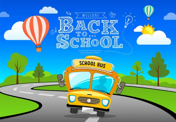 Vector illustration of Vector Back to school bus on road and tree concept banner