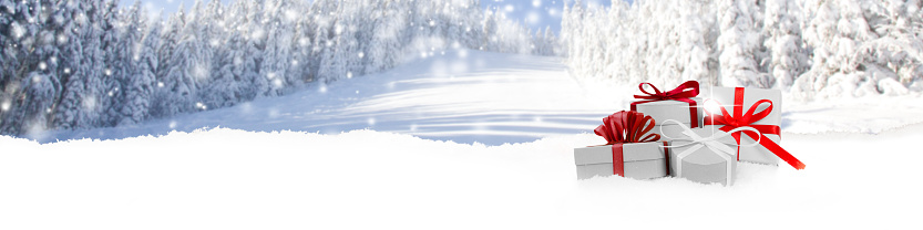 Wide horizontal composition of red ribbon gift group on winter forest background with snowfall. Blank white space for text.