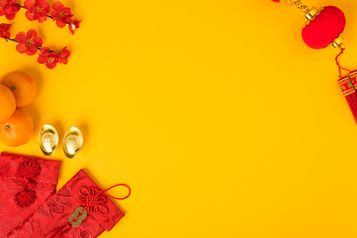 Chinese new year festival concept, flat lay top view, Happy Chinese new year with Red envelope and gold ingot (Character \