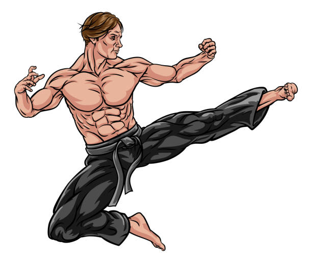 illustrazioni stock, clip art, cartoni animati e icone di tendenza di kung fu o karate flying kick - self defense wushu action aggression