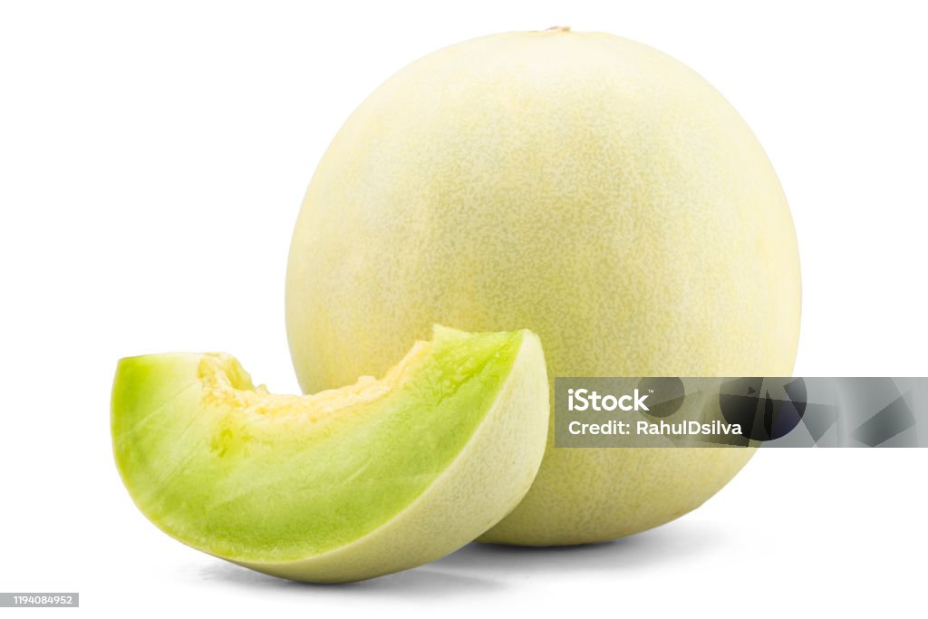 Fresh honey dew or melon slice fruit isolated on white background with clipping path Honeydew Melon Stock Photo