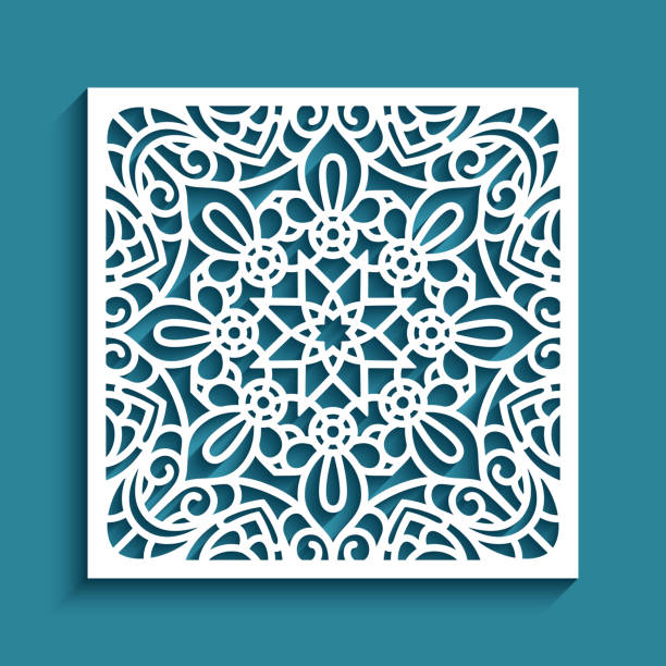 Square panel with lace pattern Square panel with lace pattern, stencil ornament, cutout paper tile decoration, elegant template for laser cutting lace doily crochet craft product stock illustrations