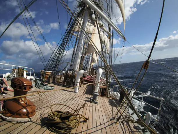 open ocean sailing on a squarerigger tallship sailing vessel, view from aloft