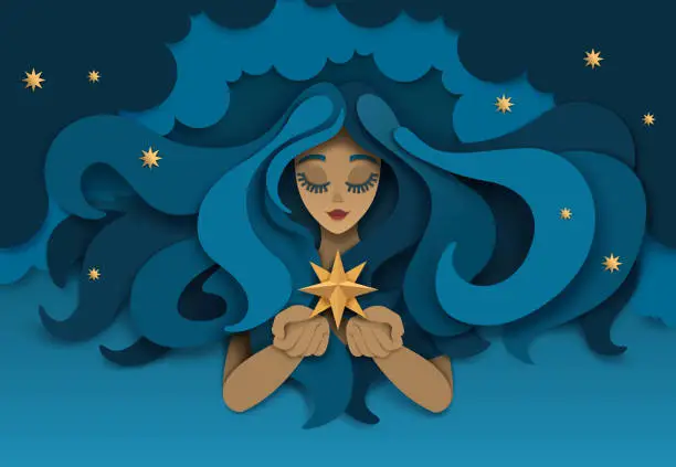 Vector illustration of Dreaming girl with star, vector paper cut illustration