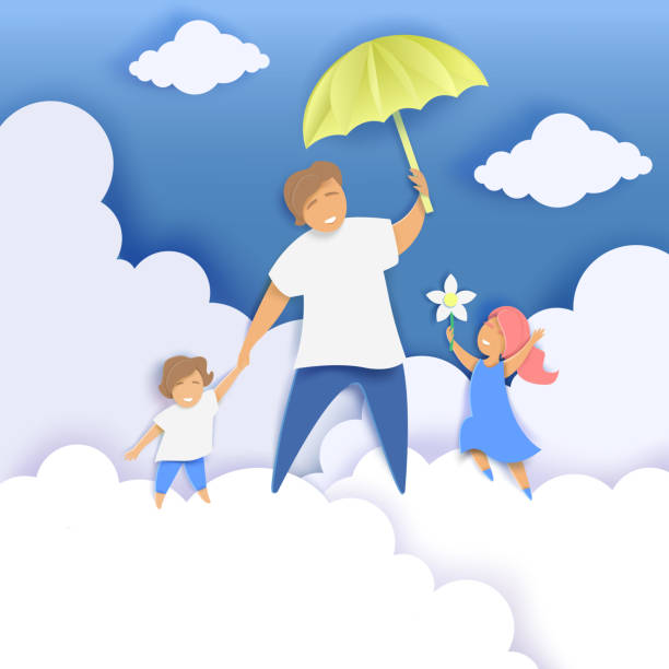 glückliche väter tag grußkarte vorlage, vektor papier geschnitten illustration - handmade umbrella stock-grafiken, -clipart, -cartoons und -symbole