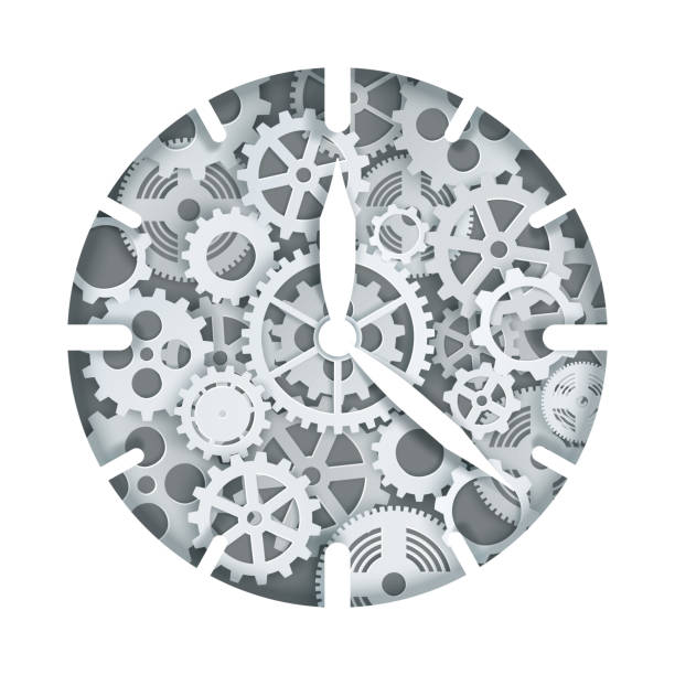 ilustrações, clipart, desenhos animados e ícones de mecanismo do pulso de disparo, ilustração do vetor no estilo da arte de papel - clockworks machine part gear clock