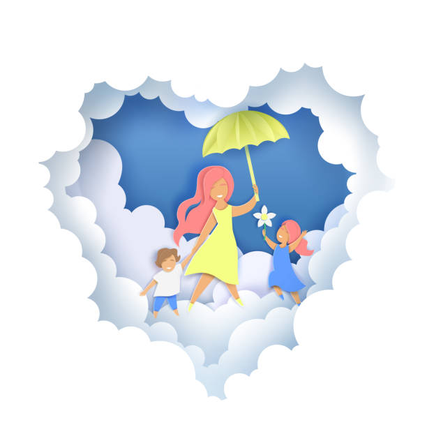 glückliche mütter tag grußkarte vorlage, vektor papier geschnitten illustration - handmade umbrella stock-grafiken, -clipart, -cartoons und -symbole