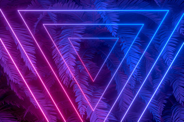 istock 3d abstract background with ultraviolet neon lights, empty frame, glowing tunnel door with palm tree 1194086445