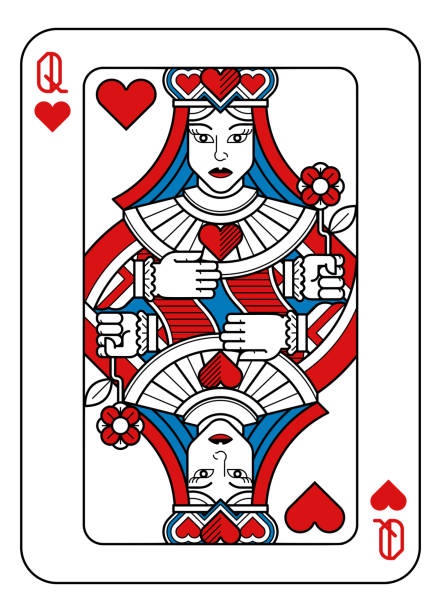 illustrazioni stock, clip art, cartoni animati e icone di tendenza di carta da gioco regina di cuori rosso blu e nero - queen