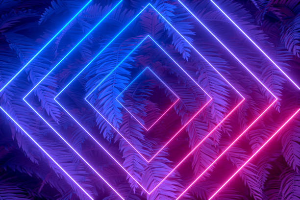 istock 3d abstract background with ultraviolet neon lights, empty frame, glowing tunnel door with palm tree 1194087439