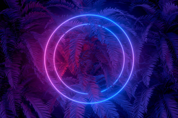 istock 3d abstract background with ultraviolet neon lights, empty frame, glowing tunnel door with palm tree 1194087785