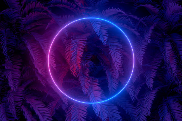 istock 3d abstract background with ultraviolet neon lights, empty frame, glowing tunnel door with palm tree 1194088409