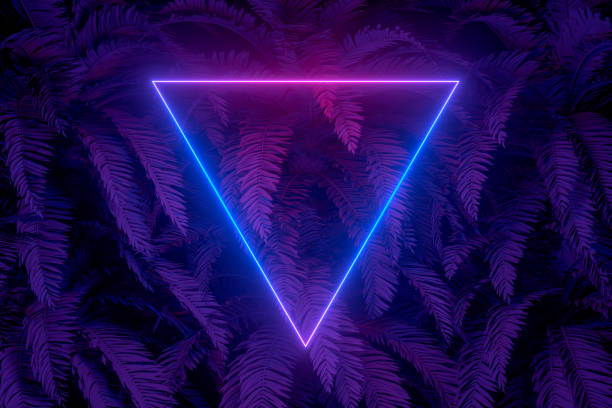 istock 3d abstract background with ultraviolet neon lights, empty frame, glowing tunnel door with palm tree 1194088591