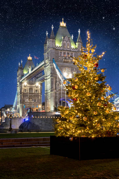 natal em londres: uma árvore decorada bonita na frente da ponte iluminada da torre - uk tree city bridge - fotografias e filmes do acervo