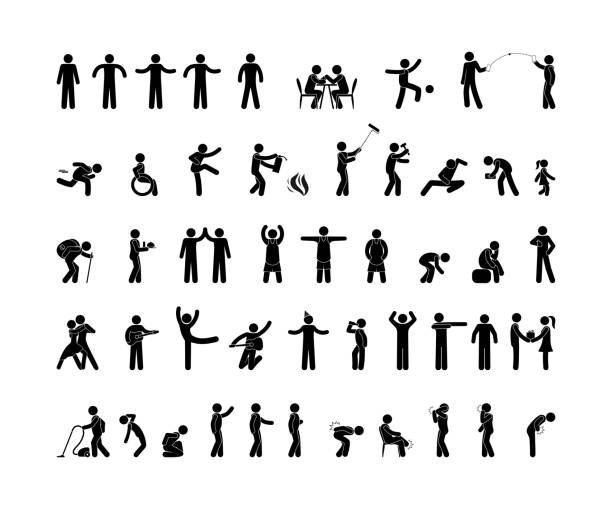 ilustraciones, imágenes clip art, dibujos animados e iconos de stock de pictograma de la gente en varias poses, palo figura hombre, icono símbolo humano - silhouette people dancing the human body