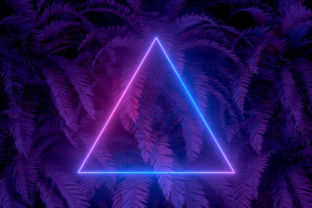 istock 3d abstract background with ultraviolet neon lights, empty frame, glowing tunnel door with palm tree 1194088778