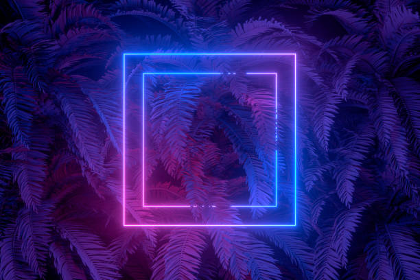 istock 3d abstract background with ultraviolet neon lights, empty frame, glowing tunnel door with palm tree 1194088887
