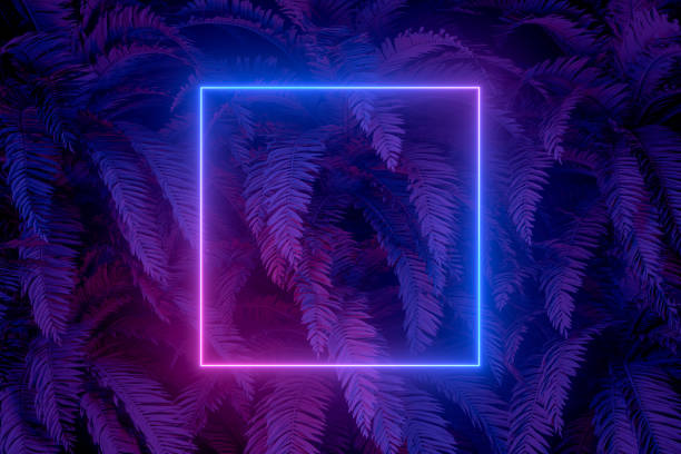istock 3d abstract background with ultraviolet neon lights, empty frame, glowing tunnel door with palm tree 1194088954
