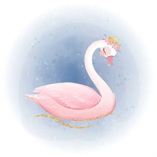 Vector illustration of cute Little Princess Swan with gold glitter crown.