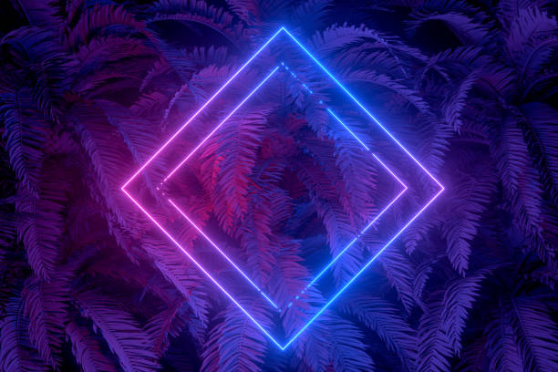istock 3d abstract background with ultraviolet neon lights, empty frame, glowing tunnel door with palm tree 1194089627
