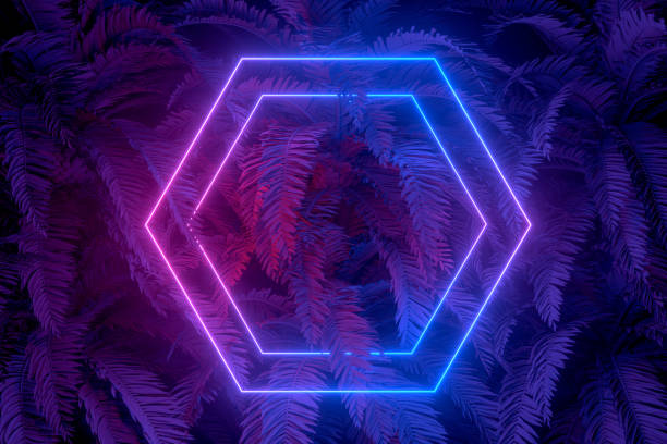 istock 3d abstract background with ultraviolet neon lights, empty frame, glowing tunnel door with palm tree 1194089723