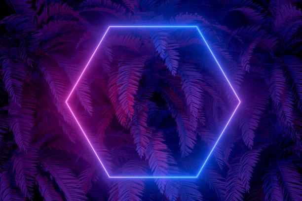istock 3d abstract background with ultraviolet neon lights, empty frame, glowing tunnel door with palm tree 1194089780