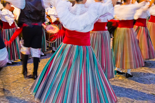Canarian folk dance in traditional clothing during the Fiesta de Nuestra Señora de las Nieves. July, Santa Cruz de la Palma, La Palma, Canary Islands, Spain. 