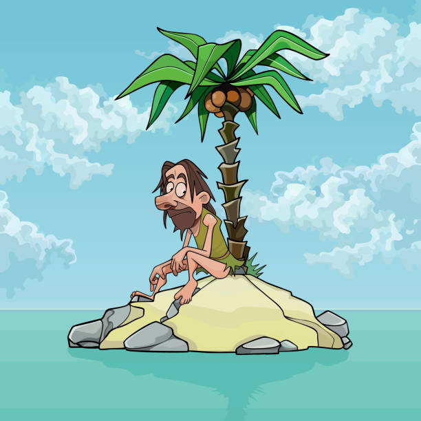 ilustraciones, imágenes clip art, dibujos animados e iconos de stock de dibujos animados hombre solitario en una pequeña isla con una palmera - lost beach