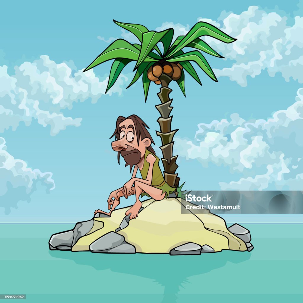 Cartoon Lonely Man On A Small Island With A Palm Tree Stock Illustration -  Download Image Now - iStock