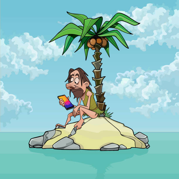 ilustraciones, imágenes clip art, dibujos animados e iconos de stock de hombre de dibujos animados con teléfono inteligente en una pequeña isla deshabitada - lost beach