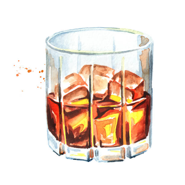 стекло, наполненное половиной алкогольного напитка виски или коньяка или коньяка. акварель нарисованная вручную иллюстрация, изолированн� - isolated on white bottle alcohol alcoholism stock illustrations