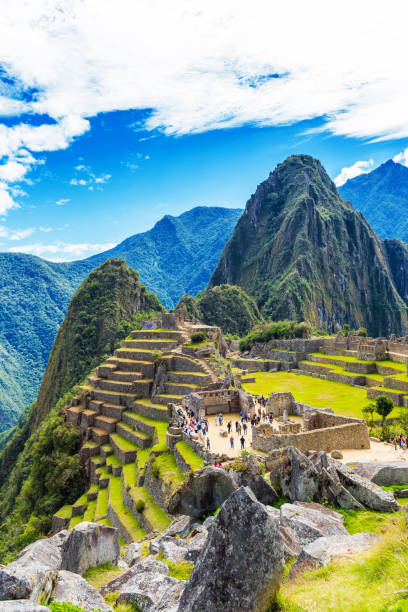 View of the ancient city of Machu Picchu, Peru. Vertical. stock photo